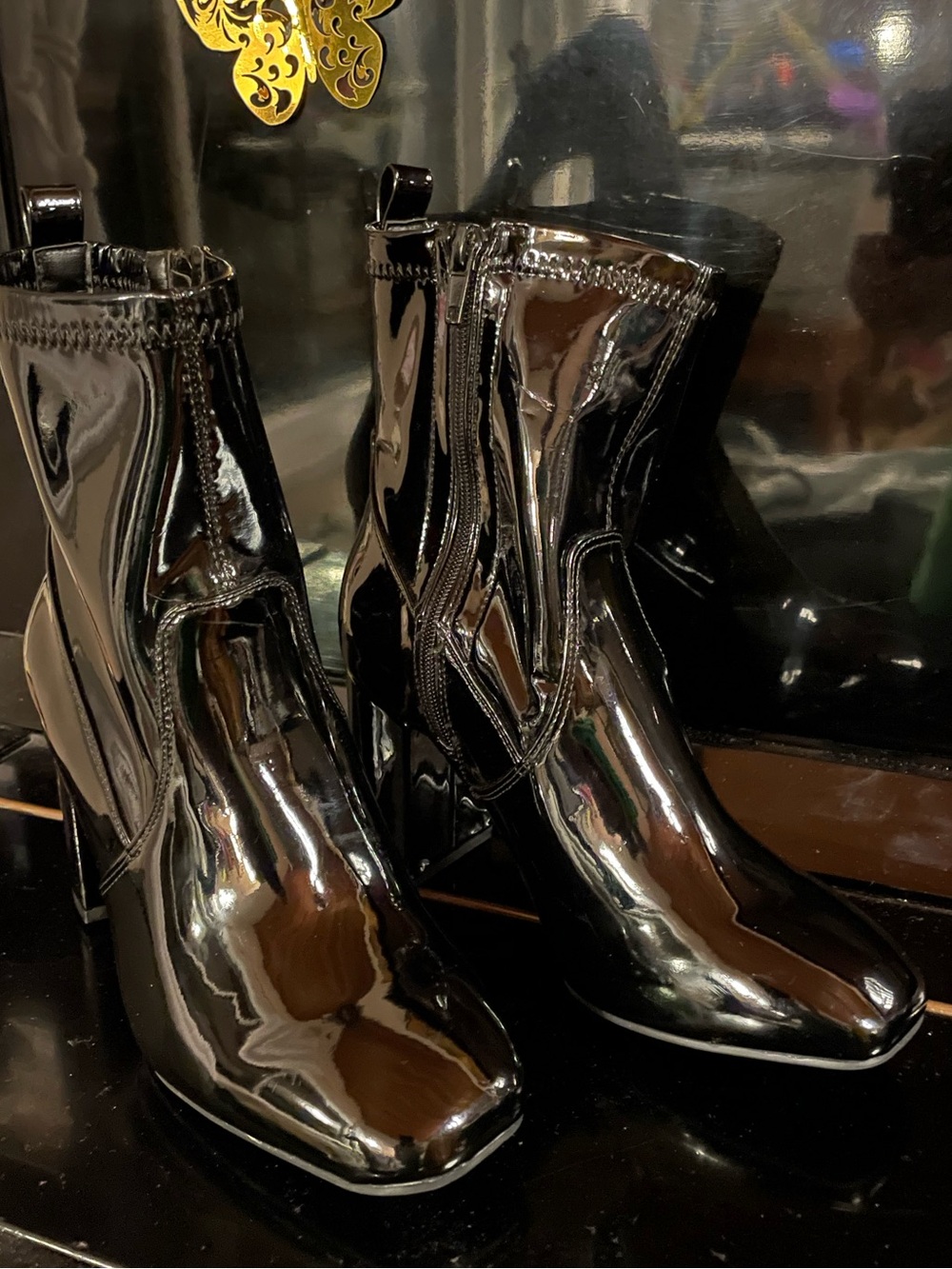 NEW Glossy Wide Black Patent Ankle Boots